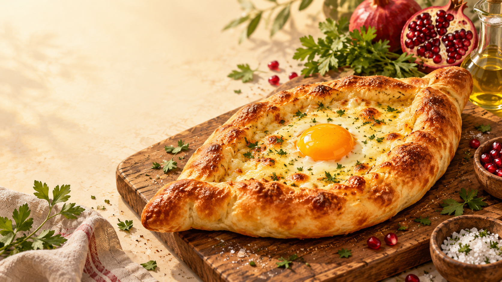 Illustration of a boat-shaped cheese bread with a golden egg yolk center on a wooden board
