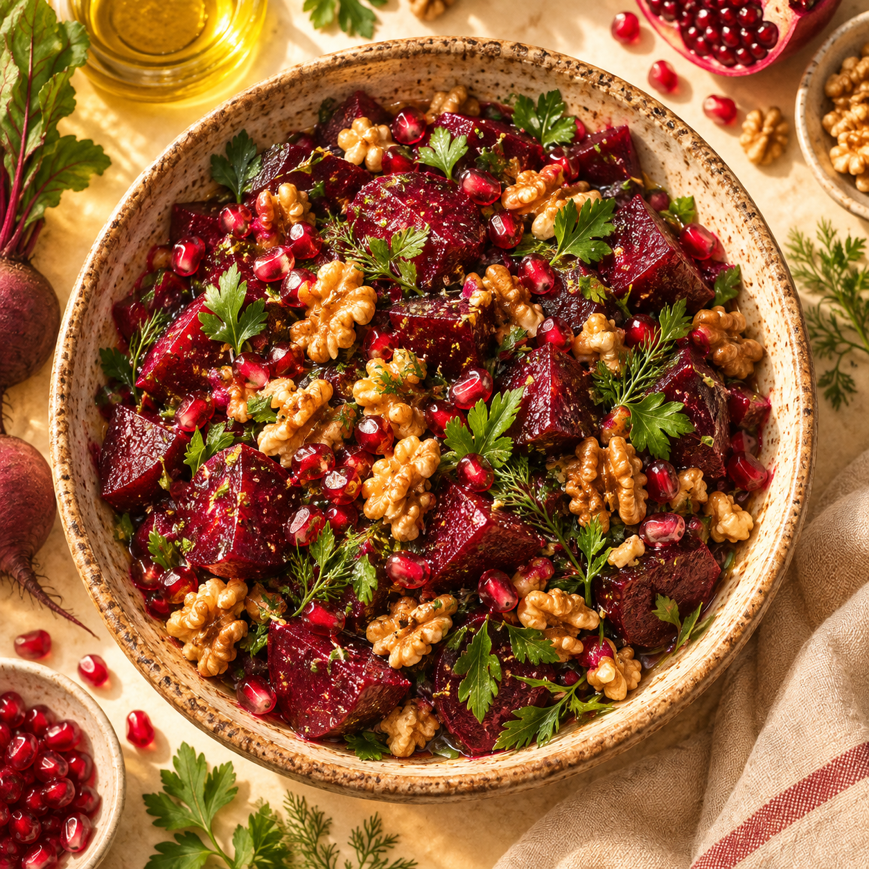 Illustration of a rustic bowl of beet and walnut salad with fresh herbs